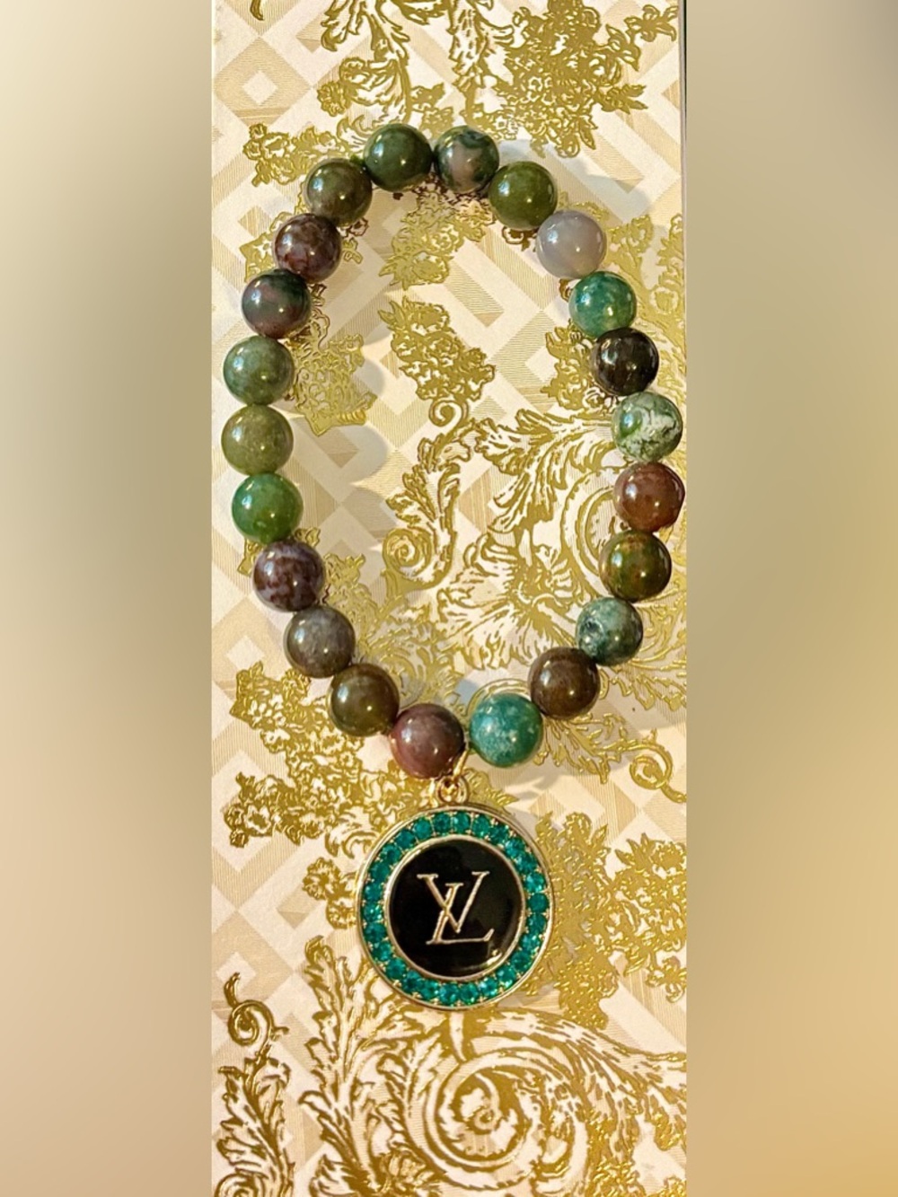 Louis Vuitton Authentic Upcycled Charm on Real Ocean Jasper Crystals Bracelet!